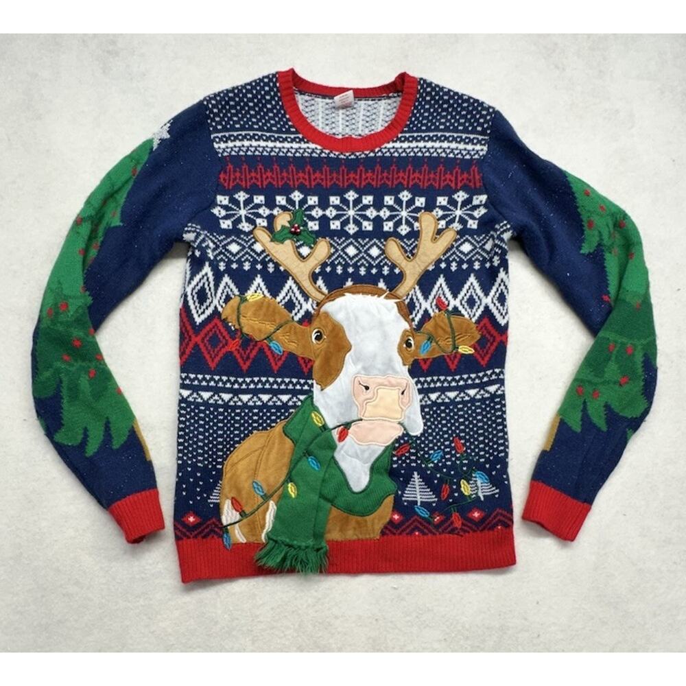 Ugly Christmas Sweater Adult Size Medium Cow 3D Holiday Time